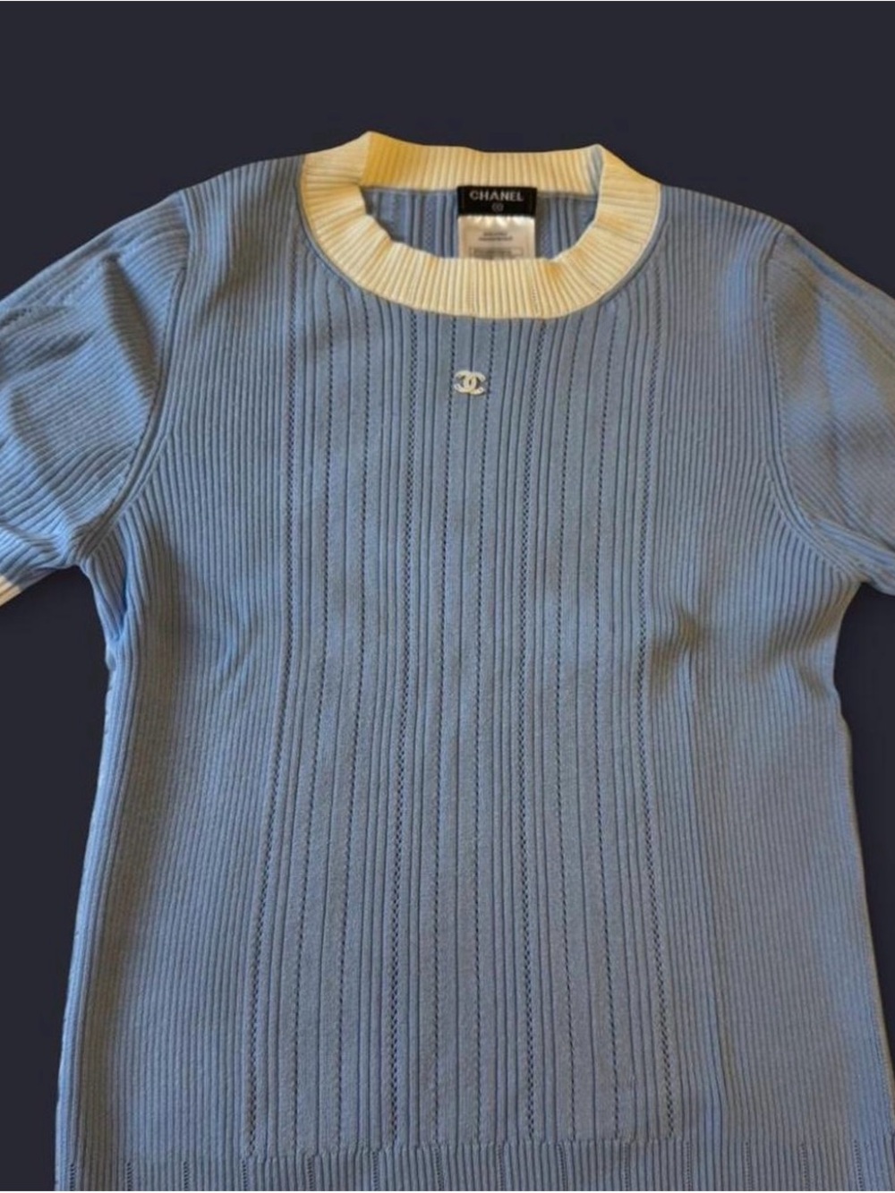 Chanel Women’s Light Blue Short-Sleeve Knit Sweater with Cream Trim